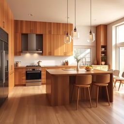 A modern kitchen design featuring warm wooden elements