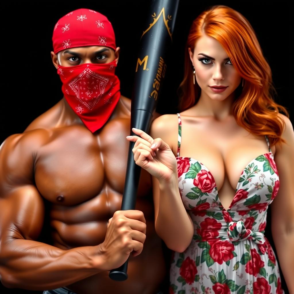 A muscular African American man wearing a red bandana mask over his face, holding a large black baseball bat