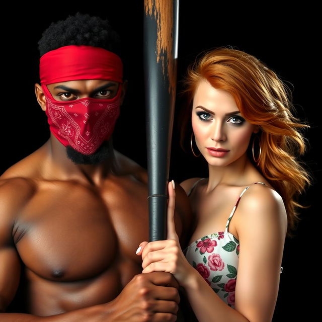 A muscular African American man wearing a red bandana mask over his face, holding a large black baseball bat