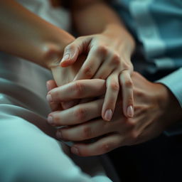 A sensual and intimate moment captured artistically, focusing on a close-up of intertwined hands, soft lighting enhances the warmth and intimacy of the scene, emphasizing the sense of human connection and tenderness