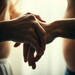 A sensual and intimate moment captured artistically, focusing on a close-up of intertwined hands, soft lighting enhances the warmth and intimacy of the scene, emphasizing the sense of human connection and tenderness