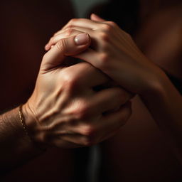 A sensual and intimate moment captured artistically, focusing on a close-up of intertwined hands, soft lighting enhances the warmth and intimacy of the scene, emphasizing the sense of human connection and tenderness