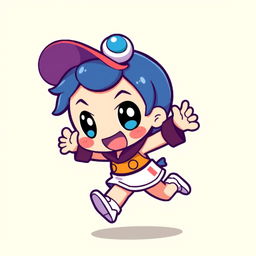 Chibi character sprite for a video game with pixel art style, showcasing dynamic movement, colorful design, and expressive features to capture playful and energetic vibes