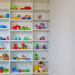 A small children's room transformed into a well-organized space featuring wall-mounted shelves filled with a variety of small colored toys.