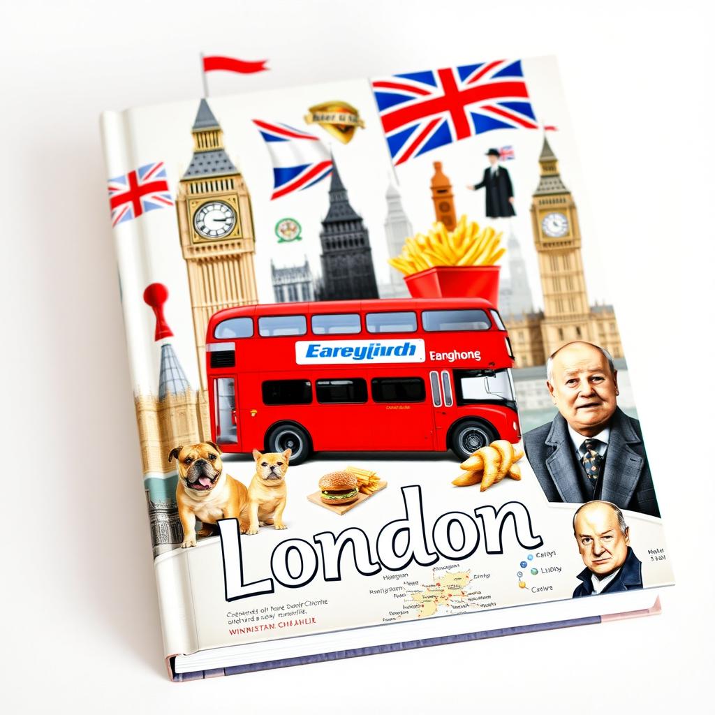 A lively and detailed book cover featuring an iconic English monument like Big Ben, the English flag waving proudly, a classic red London double-decker bus, the traditional red telephone cabin, a quintessentially English bulldog posing, a delicious serving of fish and chips, a portrait of the famous British Prime Minister Winston Churchill, a map of England highlighting major cities, the word 'London' boldly written, and the word 'menu' which is used in both English and French