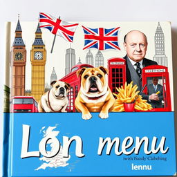 A lively and detailed book cover featuring an iconic English monument like Big Ben, the English flag waving proudly, a classic red London double-decker bus, the traditional red telephone cabin, a quintessentially English bulldog posing, a delicious serving of fish and chips, a portrait of the famous British Prime Minister Winston Churchill, a map of England highlighting major cities, the word 'London' boldly written, and the word 'menu' which is used in both English and French