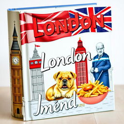 A lively and detailed book cover featuring an iconic English monument like Big Ben, the English flag waving proudly, a classic red London double-decker bus, the traditional red telephone cabin, a quintessentially English bulldog posing, a delicious serving of fish and chips, a portrait of the famous British Prime Minister Winston Churchill, a map of England highlighting major cities, the word 'London' boldly written, and the word 'menu' which is used in both English and French