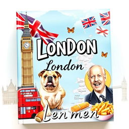 A lively and detailed book cover featuring an iconic English monument like Big Ben, the English flag waving proudly, a classic red London double-decker bus, the traditional red telephone cabin, a quintessentially English bulldog posing, a delicious serving of fish and chips, a portrait of the famous British Prime Minister Winston Churchill, a map of England highlighting major cities, the word 'London' boldly written, and the word 'menu' which is used in both English and French