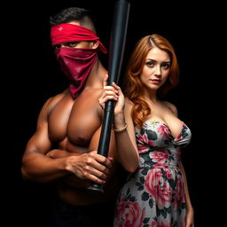 A close-up torso shot of two characters with a strong contrast; on one side, a muscular African American man wearing a red bandana mask over his face, confidently holding a large black baseball bat