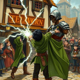 Outside a bustling medieval tavern, a young mage with black hair and a green hooded cloak delivers a lightning punch to an armored scarecrow