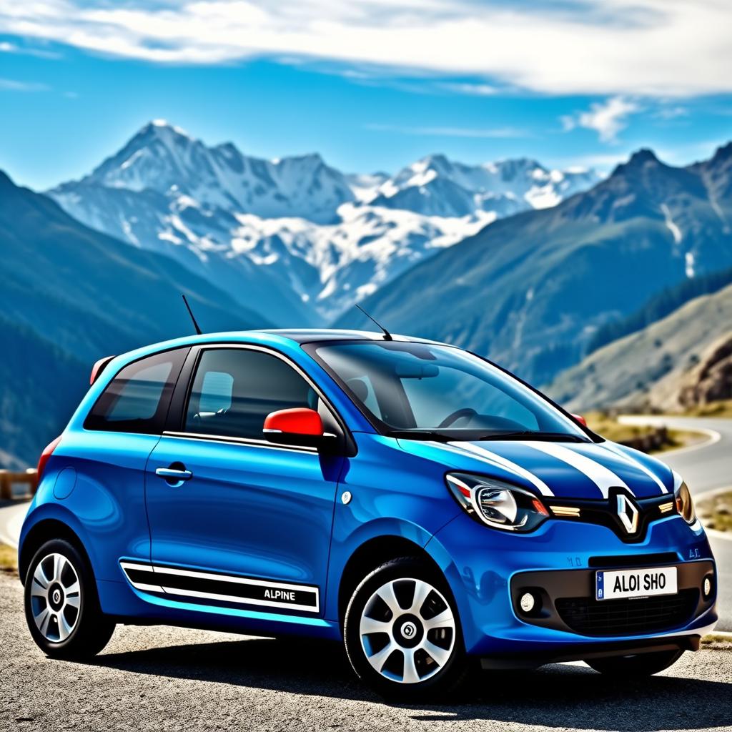 A Renault Twingo Alpine edition parked scenically with a stunning alpine mountain backdrop