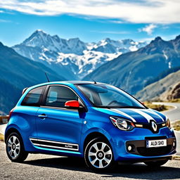 A Renault Twingo Alpine edition parked scenically with a stunning alpine mountain backdrop