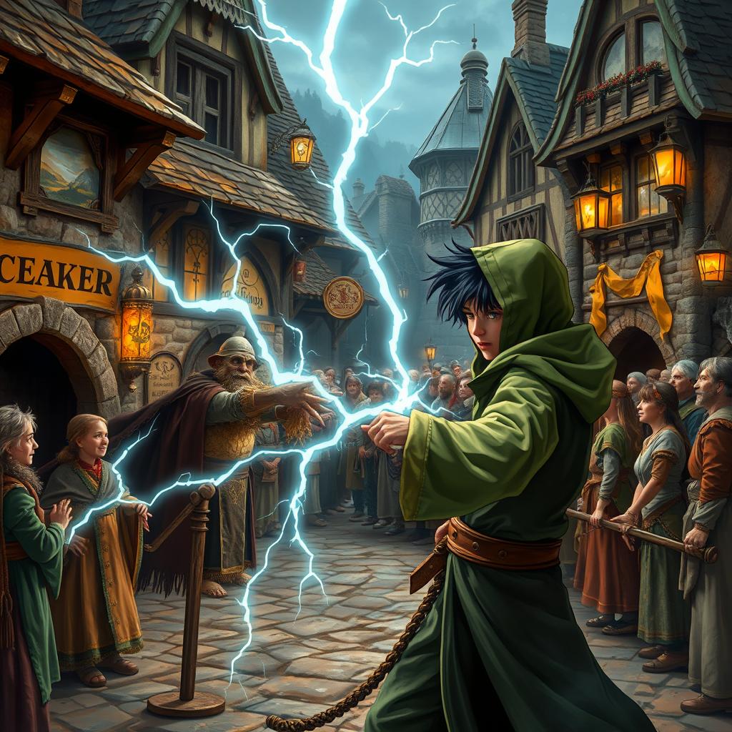 Outside a bustling medieval tavern, a young mage with black hair and a green hooded cloak delivers a lightning punch to an armored scarecrow