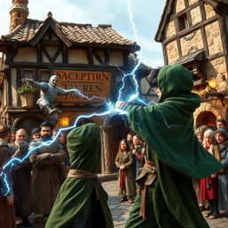 Outside a bustling medieval tavern, a young mage with black hair and a green hooded cloak delivers a lightning punch to an armored scarecrow