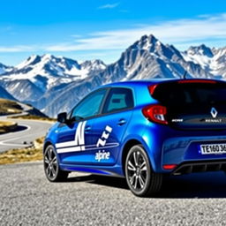 A Renault Twingo Alpine edition parked scenically with a stunning alpine mountain backdrop