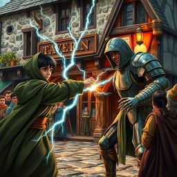 Outside a bustling medieval tavern, a young mage with black hair and a green hooded cloak delivers a lightning punch to an armored scarecrow