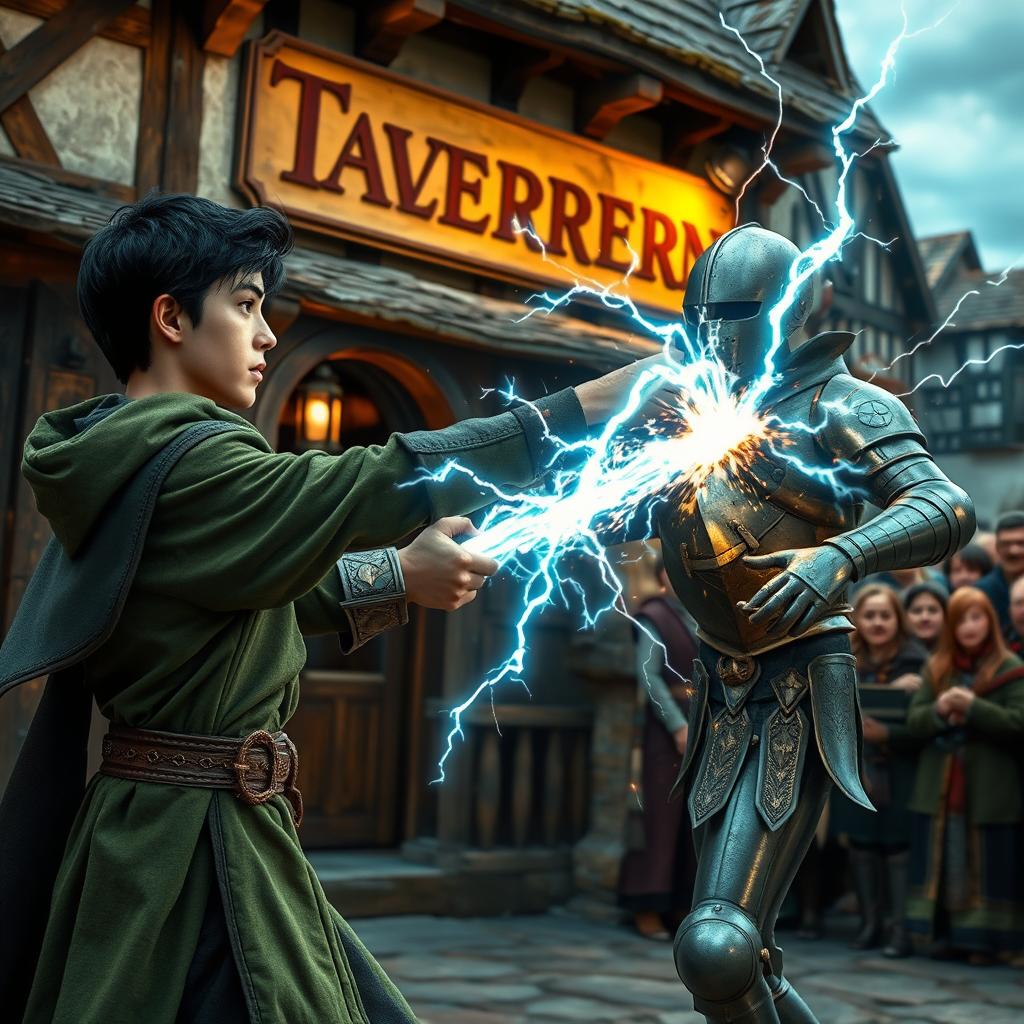 Outside a lively medieval tavern, a young adult mage with black hair dons a green hooded cloak, delivering a powerful lightning punch to an animated suit of metal armor