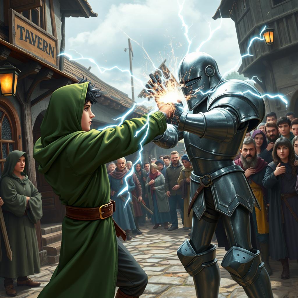 Outside a lively medieval tavern, a young adult mage with black hair dons a green hooded cloak, delivering a powerful lightning punch to an animated suit of metal armor