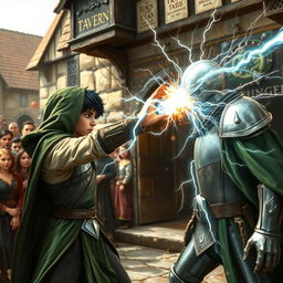 Outside a lively medieval tavern, a young adult mage with black hair dons a green hooded cloak, delivering a powerful lightning punch to an animated suit of metal armor