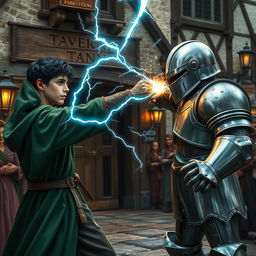 Outside a lively medieval tavern, a young adult mage with black hair dons a green hooded cloak, delivering a powerful lightning punch to an animated suit of metal armor