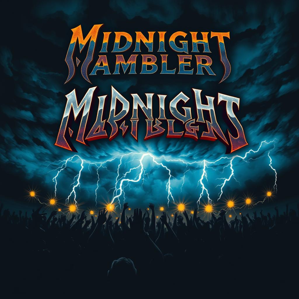 A captivating band poster depicting a dark, stormy night sky as the background, with ominous clouds swirling and flashes of lightning that illuminate the scene, setting a powerful and intense mood