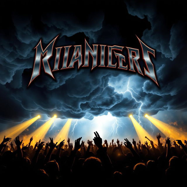 A captivating band poster depicting a dark, stormy night sky as the background, with ominous clouds swirling and flashes of lightning that illuminate the scene, setting a powerful and intense mood