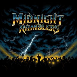 A captivating band poster depicting a dark, stormy night sky as the background, with ominous clouds swirling and flashes of lightning that illuminate the scene, setting a powerful and intense mood