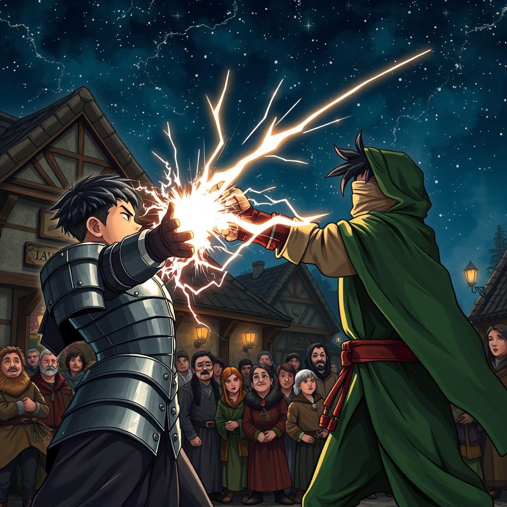 Under the starry night sky outside a medieval tavern, a young adult mage with black hair, clad in a green hooded cloak and a cloth blindfold, executes a lightning punch against an animated suit of metal armor