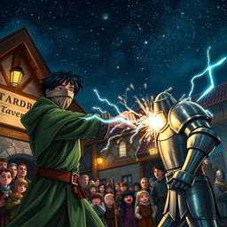 Under the starry night sky outside a medieval tavern, a young adult mage with black hair, clad in a green hooded cloak and a cloth blindfold, executes a lightning punch against an animated suit of metal armor