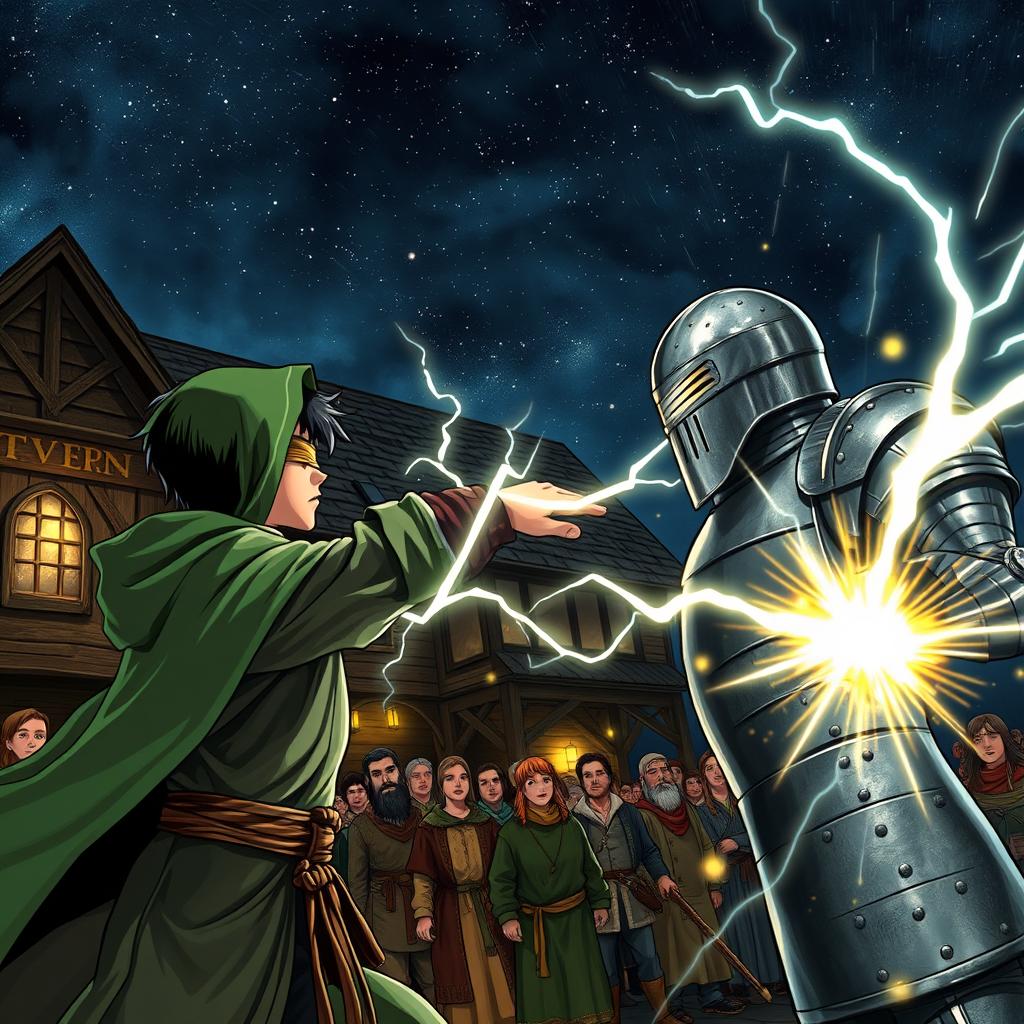 Under the starry night sky outside a medieval tavern, a young adult mage with black hair, clad in a green hooded cloak and a cloth blindfold, executes a lightning punch against an animated suit of metal armor