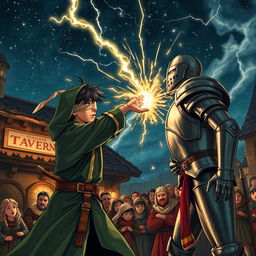 Under the starry night sky outside a medieval tavern, a young adult mage with black hair, clad in a green hooded cloak and a cloth blindfold, executes a lightning punch against an animated suit of metal armor