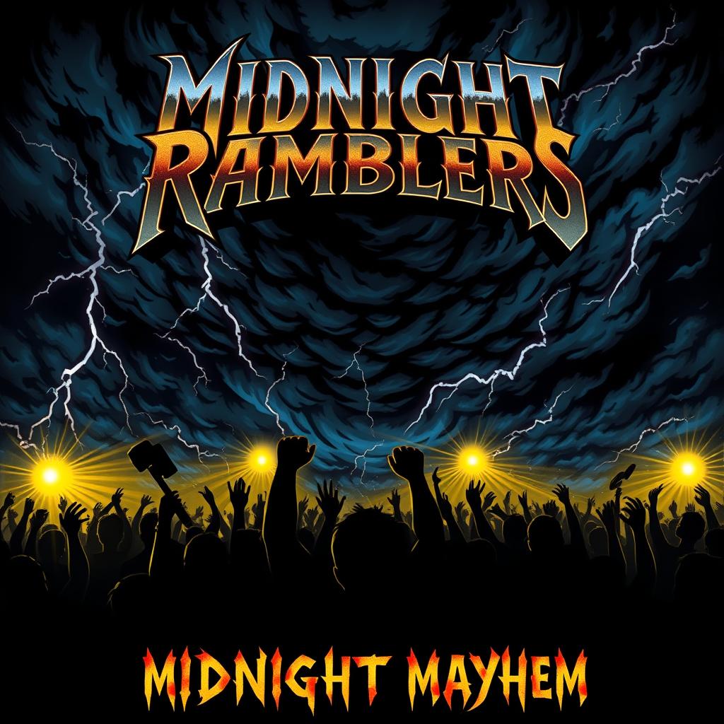 A captivating band poster featuring a dark, stormy night sky as the background, filled with ominous clouds swirling and flashes of lightning illuminating the scene, creating a sense of foreboding