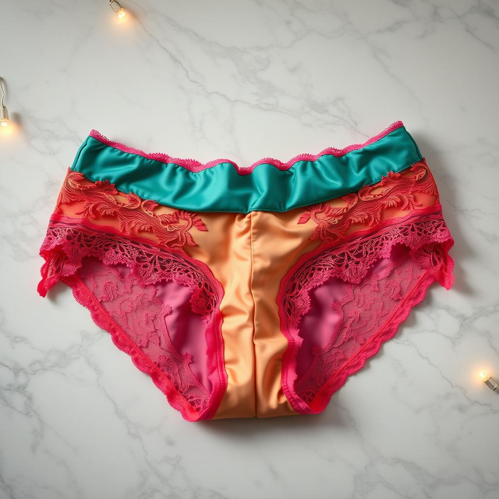 a beautiful, intricately designed pair of women's panties in vibrant colors, showcasing delicate lace patterns and a satin finish, placed neatly on a marble surface with soft ambient lighting highlighting the textures and craftsmanship, no human characters present in the scene