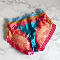 a beautiful, intricately designed pair of women's panties in vibrant colors, showcasing delicate lace patterns and a satin finish, placed neatly on a marble surface with soft ambient lighting highlighting the textures and craftsmanship, no human characters present in the scene