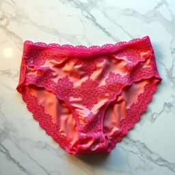 a beautiful, intricately designed pair of women's panties in vibrant colors, showcasing delicate lace patterns and a satin finish, placed neatly on a marble surface with soft ambient lighting highlighting the textures and craftsmanship, no human characters present in the scene