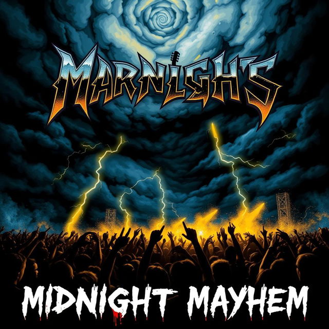 A captivating band poster featuring a dark, stormy night sky as the background, filled with ominous clouds swirling and flashes of lightning illuminating the scene, creating a sense of foreboding