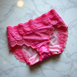 a beautiful, intricately designed pair of women's panties in vibrant colors, showcasing delicate lace patterns and a satin finish, placed neatly on a marble surface with soft ambient lighting highlighting the textures and craftsmanship, no human characters present in the scene