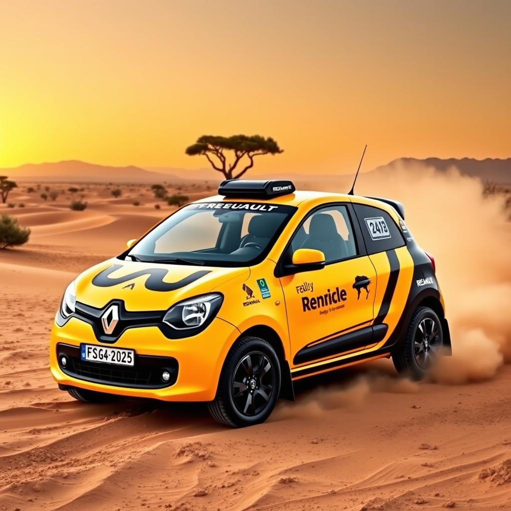 A vibrant Renault Twingo customized for the Rallye Africa, featuring bold colors and a rally-inspired design