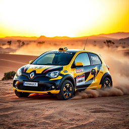 A vibrant Renault Twingo customized for the Rallye Africa, featuring bold colors and a rally-inspired design