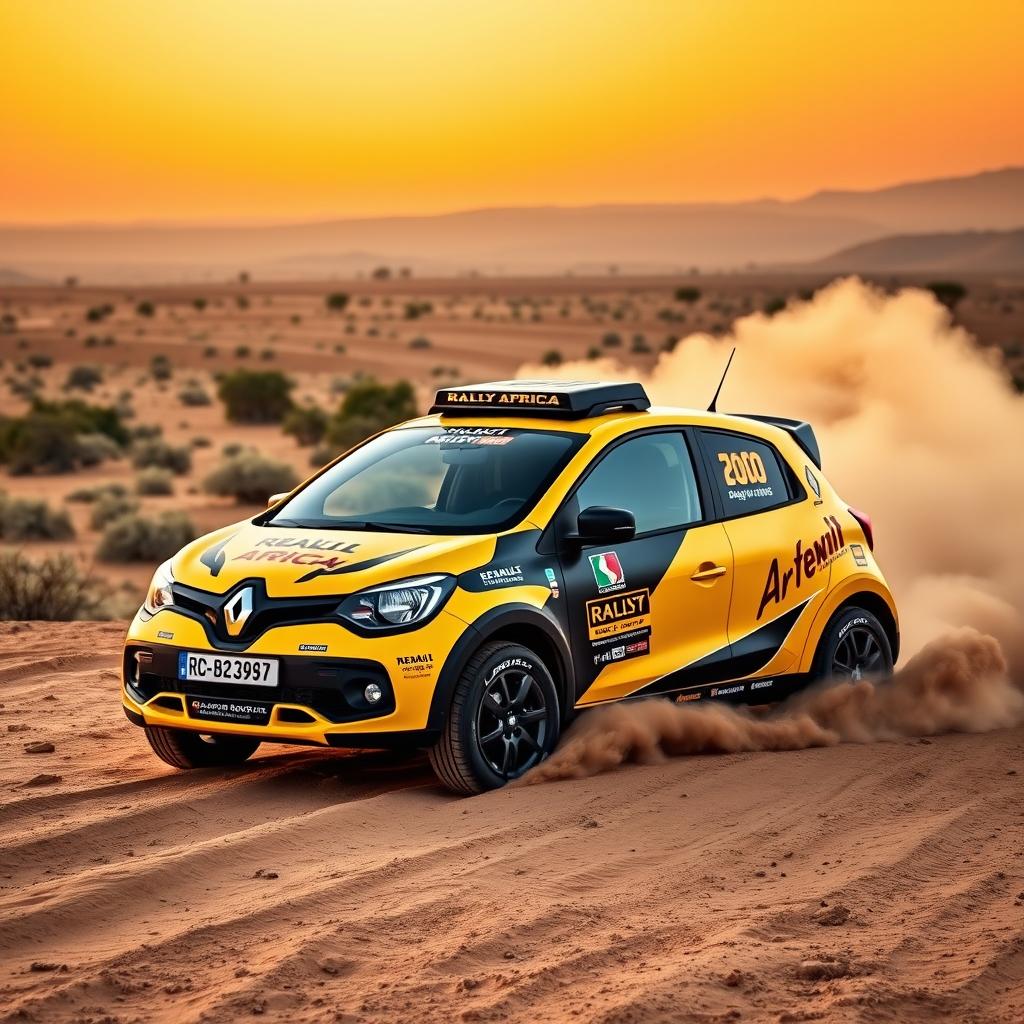 A vibrant Renault Twingo customized for the Rallye Africa, featuring bold colors and a rally-inspired design