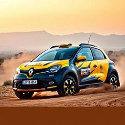 A vibrant Renault Twingo customized for the Rallye Africa, featuring bold colors and a rally-inspired design