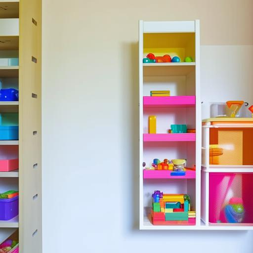 A small children's room transformed into a well-organized space featuring wall-mounted shelves filled with a variety of small colored toys.