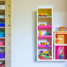 A small children's room transformed into a well-organized space featuring wall-mounted shelves filled with a variety of small colored toys.