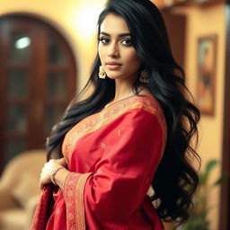 A beautiful Indian woman in traditional attire, elegantly draped in a vibrant saree with intricate patterns, showcasing her confident and alluring presence