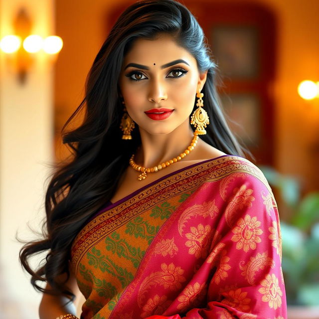 A beautiful Indian woman in traditional attire, elegantly draped in a vibrant saree with intricate patterns, showcasing her confident and alluring presence