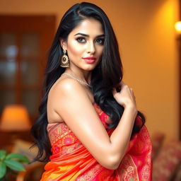 A beautiful Indian woman in traditional attire, elegantly draped in a vibrant saree with intricate patterns, showcasing her confident and alluring presence