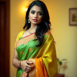 A beautiful Indian woman in traditional attire, elegantly draped in a vibrant saree with intricate patterns, showcasing her confident and alluring presence