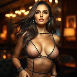 A sexy woman in see-through clothing that accentuates her body and features