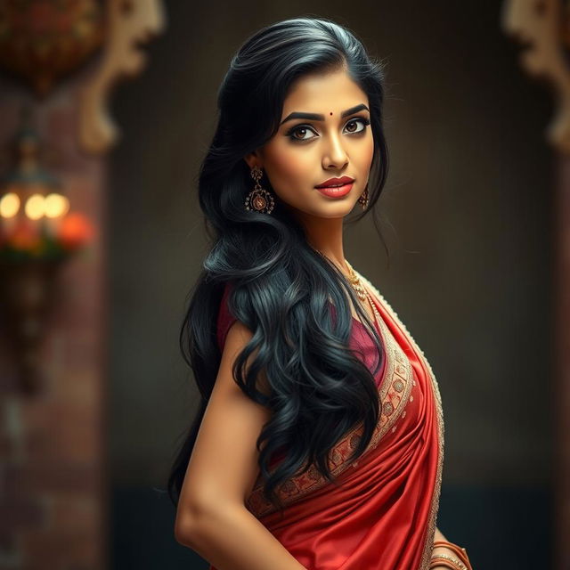 Beautiful and elegant Indian woman dressed in traditional attire, with a captivating and alluring expression