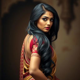 Beautiful and elegant Indian woman dressed in traditional attire, with a captivating and alluring expression